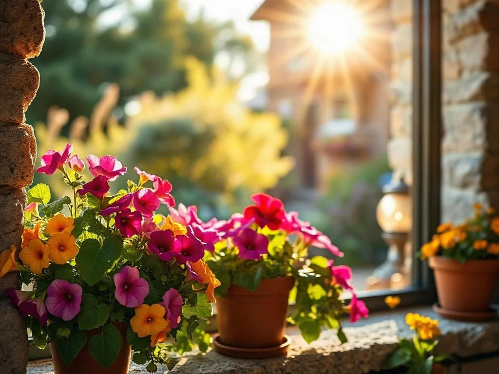 Kolorowe pelargonie i petunie w doniczkach na kamiennym parapecie w promieniach słońca, idealne na słoneczny balkon.