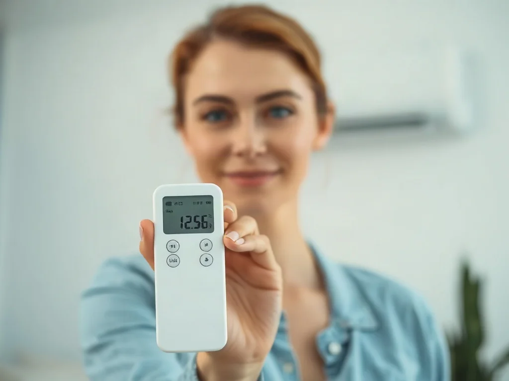 Dłoń trzymająca nowoczesny pilot do klimatyzatora LG na tle salonu z zamontowanym urządzeniem.